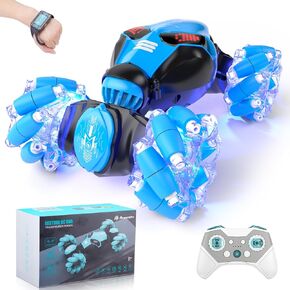 Powerextra RC Stunt Car, 4WD 2.4GHz Remote Control Gesture Sensor Toy Cars, Double Sided Rotating Off Road Vehicle 360° Flips with Lights Music, Watch Toy Cars for Boys & Girls Birthday