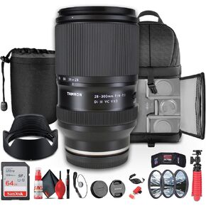 Tamron 28-300mm f/4-7.1 Di III VC VXD Lightweight Lens for (Sony E) Mirrorless Cameras (A074) + 64GB Memory Card + Filter Kit + Backpack + Lens Pouch + Flexible Tripod + Cap Keeper + More