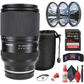 Tamron 28-300mm f/4-7.1 Di III VC VXD Lens for Sony E (A074) Bundle Including: 64 GB Memory Card, Card Reader, Card Wallet, Filter Kit, Lens Pouch, Cleaning Kit, Lens Cap Keeper
