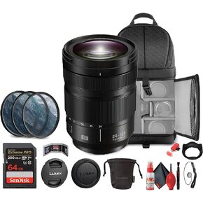 Panasonic Lumix S 24-105mm f/4 Macro O.I.S. Lens (S-R24105) Bundle Including: 64 GB Memory Card, Card Reader, Backpack, Lens Hood, Lens Caps, Filter Kit, Lens Pouch, Full Cleaning Kit, Card Wallet