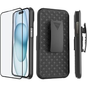 Ailiber for iPhone 16 Pro Phone Case with Screen Protector, iPhone 16 Pro Belt Clip Case, Kickstand Holder Holster, Slim Shockproof Shell Full Body Pouch Cell Phone Cover for iPhone 16 Pro-Black