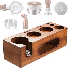 Walnut espresso tamping station called Coffee Tamper Station Fit 51 to 54mm Espresso Accessories The tamper holder Or organizer station Adjustable Portafilters Stand Height (7 IN One)