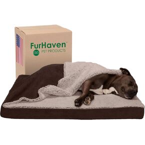 Furhaven Cooling Gel Dog Bed for Large/Medium Dogs w/ Removable Washable Cover, For Dogs Up to 55 lbs - Berber & Suede Blanket Top Mattress - Espresso, Large