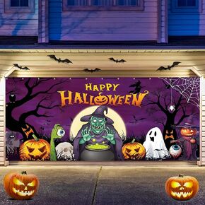 Holkcog Happy Halloween Decorations, Large Happy Halloween Witch Garage Door Cover Banner 16 x 7 ft, Outdoor Halloween Garage Door Decorations, Family Halloween Party Supplies Photo Background Banner