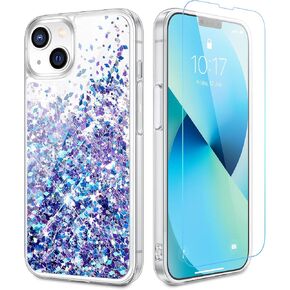 Caka for iPhone 13 Case, iPhone 14 Case Glitter with Screen Protector for Women Girls Liquid Bling Sparkle Floating Quicksand Transparent TPU Phone Case for iPhone 13 14 - Blue Purple