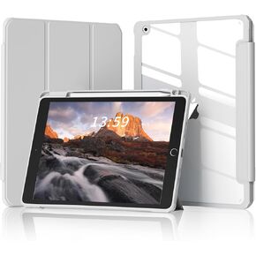 Kenke iPad 9th Generation Case 2021/iPad 8th Generation Case 2020/iPad 7th Generation Case 2019 iPad 10.2 Inch Case with Left Side Pencil Holder & Hard PC Acrylic Transparent Back Shell (Gray)