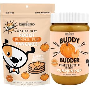 Bark Bistro Company Pumpkin Pup Buddy BUDDER + Pooch Pancakes, 100 percent All Natural Dog Peanut Butter & Pancakes, No Artificial Sugar or preservatives, Healthy Dog Treats - Made in USA