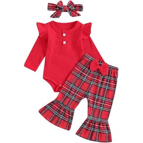 Hnyenmcko Newborn Baby Girl Clothes Ribbed Long Sleeve Ruffle Romper Bell-Bottom Pants Headband Set 3Pcs Fall Winter Outfits