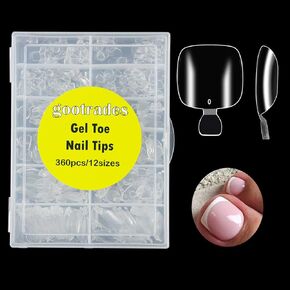 gootrades 360Pcs Soft Gel Toe Nail Tips for Soak off Gel Extension Systems, Short Pre-shaped Full Cover False Toenails Gel Tips Clear Press on Nails,12 Sizes Summer Toe Tips for Home DIY Salon Manicure