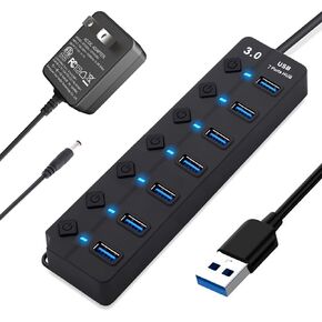 USB 3.0 Splitter, 7-Port USB 3.0 Hub with Individual Power Switches and Lights, Portable Expansion Data Hub with 5V/2A Power Adapter for Windows 10, 8.1, 8, 7, Vista, XP, Linux, Mac OS X