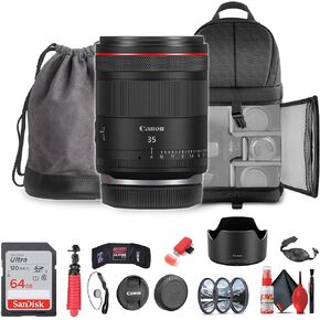 Canon RF 35mm f/1.4 L VCM Lens RF (6710C002) + 64GB Card + Filter Kit + Backpack + Flexible Tripod + Cap Keeper + Cleaning Kit + Memory Card Wallet + Card Reader + Hand Grip Strap (Renewed)