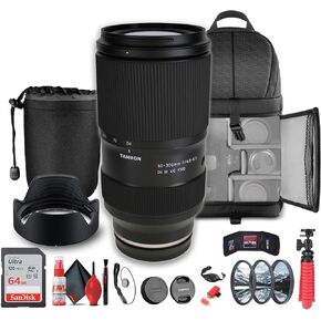 Tamron 50-300mm f/4.5-6.3 Di III VC VXD Lens for (Sony E) Mirrorless Cameras (AFA069S700) + 64GB Memory Card + Filter Kit + Backpack + Lens Pouch + Flexible Tripod + Cap Keeper + Cleaning Kit + More