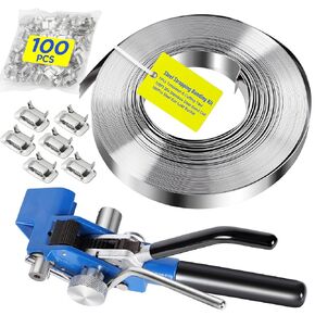 Steel Strapping Kit Banding Tool – Pallet Packaging Banding Tensioner&Cutting Tool with 3/4" * 100Ft S304 Banding Coil(plastic tote),100pcs Steel Ear-Lokt Buckles,Ratchet Banding Tool for High Tensile