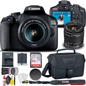 Canon EOS 2000D / Rebel T7 DSLR Camera with 18-55mm Lens, Creative Filter Set, EOS Camera Bag, Sandisk Ultra 64GB Card, 6AVE Electronics Cleaning Set, and More (International Model) (Renewed)