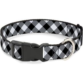 Buckle-Down Plastic Clip Collar - Diagonal Buffalo Plaid Black/White - 1" Wide - Fits 11-17" Neck - Medium