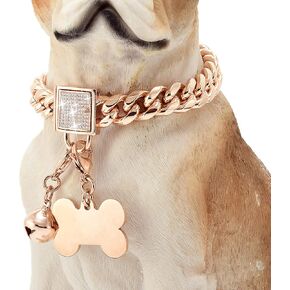 Rose Gold Chain Dog Collar with Diamond Buckle Bell & Bone Tag Stainless Steel Chain Collars Cuban Link Dog Collar Designer Bling Puppy Necklace (10mm, 12")