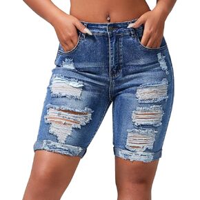 roswear Women's Ripped Denim Destroyed Mid Rise Stretchy Bermuda Shorts Jeans