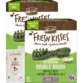 Aurora Pet Bundle Pack (2) Fresh Kisses Double-Brush Coconut + Botanical Oils Infused Large Dental Dog Treats with AuroraPet Wipes