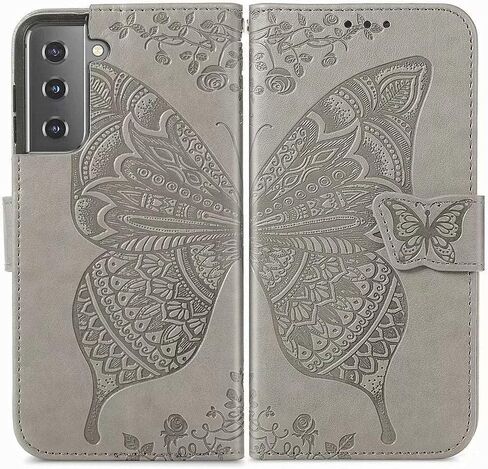 MEUPZZK Wallet Case for Samsung Galaxy S21+/S21 Plus, Embossed Butterfly Flower Premium PU Leather [Folio Flip][Kickstand][Card Slots][Wrist Strap][6.7 inch] Cover for Samsung S21 Plus (A-Grey) in Saudi Arabia