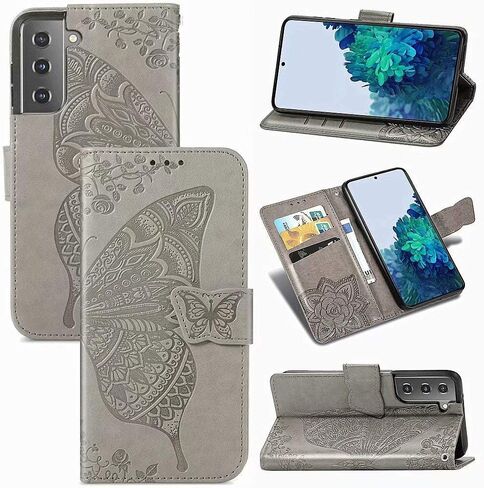 MEUPZZK Wallet Case for Samsung Galaxy S21+/S21 Plus, Embossed Butterfly Flower Premium PU Leather [Folio Flip][Kickstand][Card Slots][Wrist Strap][6.7 inch] Cover for Samsung S21 Plus (A-Grey) in Saudi Arabia