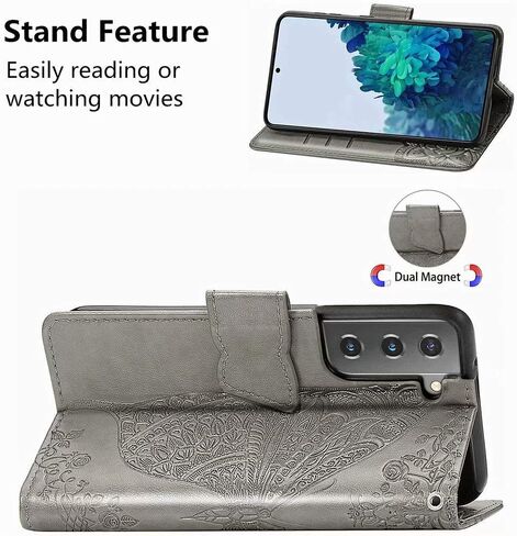 MEUPZZK Wallet Case for Samsung Galaxy S21+/S21 Plus, Embossed Butterfly Flower Premium PU Leather [Folio Flip][Kickstand][Card Slots][Wrist Strap][6.7 inch] Cover for Samsung S21 Plus (A-Grey) in Saudi Arabia