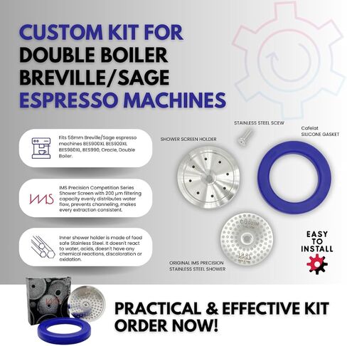 طقم دقيق من الفولاذ المقاوم للصدأ متوافق مع غلاية مزدوجة Breville/Sage. شاشة IMS الدقيقة، حامل دش ستانلس، حشية من السيليكون. يناسب سلسلة 900، أوراكل، غلاية مزدوجة in Kuwait