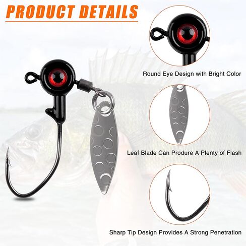 Crappie Jig Heads Fishing Lures, 15pcs Underspin Jig Heads with Spinner Blade Eye Ball Head Painted Crappie Lures Fishing Jigs for Bass Crappie Trout Panfish Sunfish Fishing in Kuwait
