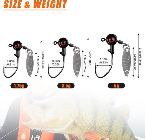 Crappie Jig Heads Fishing Lures, 15pcs Underspin Jig Heads with Spinner Blade Eye Ball Head Painted Crappie Lures Fishing Jigs for Bass Crappie Trout Panfish Sunfish Fishing in Kuwait