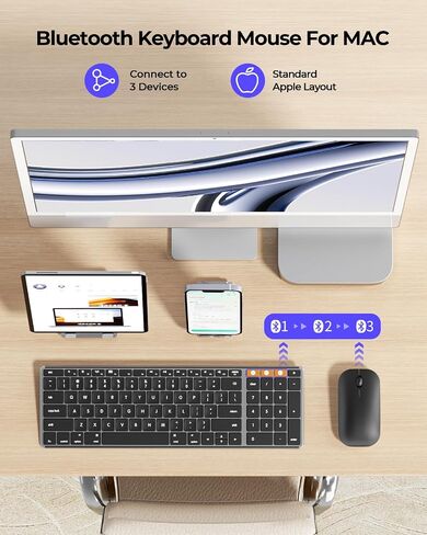 Wireless Bluetooth Keyboard and Mouse for Mac, Multi-Device Rechargeable Slim Keyboard and Mouse Stainless Steel Full Size, Compatible with MacBook Pro/Air, iPad, iMac - Orange Connect Button in Kuwait