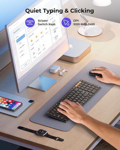 Wireless Bluetooth Keyboard and Mouse for Mac, Multi-Device Rechargeable Slim Keyboard and Mouse Stainless Steel Full Size, Compatible with MacBook Pro/Air, iPad, iMac - Orange Connect Button in Kuwait