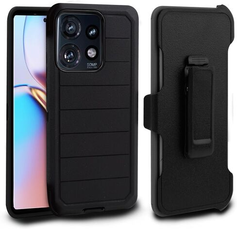 متوافق مع حافظة Motorola Moto Edge 5G 2024، حافظة متينة بمشبك حزام من الدرجة العسكرية، حافظة حماية شديدة التحمل ضد الغبار والصدمات، غطاء متين 3 في 1 (أسود المدافع) in Kuwait