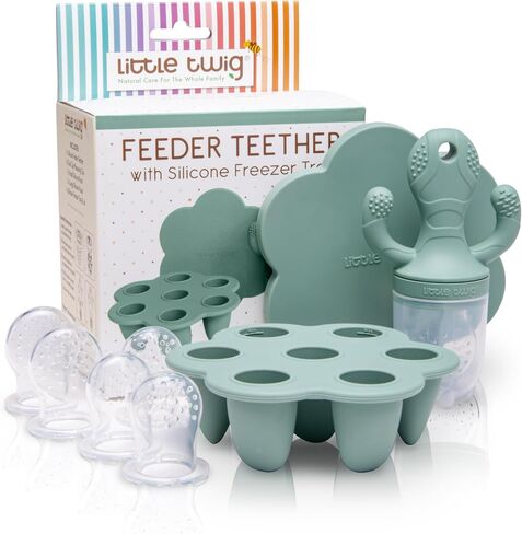 Little Twig Baby Fruit Feeder Pacifier & Teether Set – Silicone Baby Food Feeder with Freezer Tray, BPA Free Teething Toy for Infants, Breast Milk Pops, Fruit & Puree Feeder, Baby Led Weaning Kit in Saudi Arabia