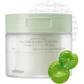 celimax Ji.Woo.Gae Cica BHA Blemish Toner Pad - BHA, PHA, LHA Complex, Centella Asiatica Extract, Acne-Prone Skin Suitability, Soothing, Controls Excessive Sebum, 60pads