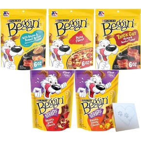 Beggin-Strips Variety Pack - 5 Total Flavors: Pizza, Bacon & Peanut Butter, Bacon & Beef, Bacon & Cheese, and Hickory (6 Ounces each)
