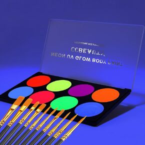 CCbeauty Pro Large UV Glow Face Body Paint Palette, 8 Neon Glow In The Black Lights Makeup, Water Based Activated Eyeliner Painting Palette, Non-Toxic Washable for Kids Adults, Halloween Costume Masquerades Club Makeup