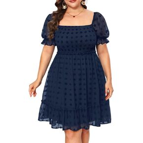 Plus Size Square Neck Graduation Summer Casual Sundress Chiffon Swiss Dot Ruffle Flowy Short Smocked Dress 2024