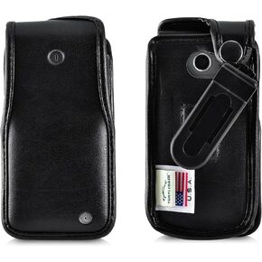 Turtleback Fitted Flip Phone Premium Case Designed for LG Exalt LTE VN220 4G – Heavy-Duty Black Leather Phone Holster with Ratcheting, Removable Plastic Belt Clip