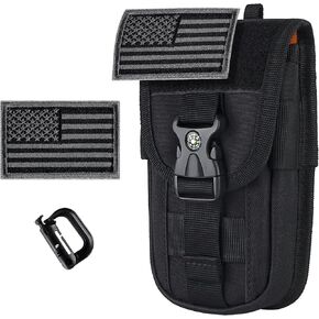 bvya Tactical Phone Pouch Holster with Compass Buckle, Molle Attachment Waist Belt Bag for iPhone 15 Pro Max/15 Pro/15/14 Pro Max/S22 Ultra/S21 with Armor Case on with US Flag Patch, Large Size
