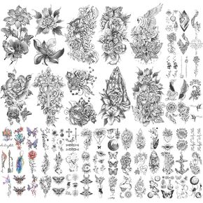 Yazhiji 56 Sheets Temporary Tattoos Stickers 11 Sheets Half Arm Shoulder Tattoos for Men or Women with 45 Sheets Tiny Fake Tattoo