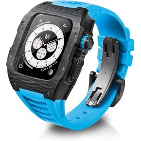 Luxury Carbon Fiber Case Rubber Strap for Apple Watch Band 44/45mm, Modification Kit Mod for Series 8/7/6/5/4/SE Iwatch