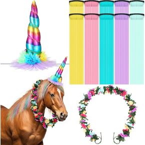 XunYee 12 Pcs Christmas Horse Costume Bling Accessory Floral Spiral Horn 10 Mane and Tail Clip in Hair Extensions Bling Pony Tinsel Rose Flower Vine for Real Horse Birthday Party Decor