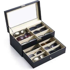 CO-Z Sunglasses Organizer for Women Men, Multiple Eyeglasses Eyewear Display Case, Leather Multi Sunglasses Jewelry Collection Holder with Drawer, Sunglass Glasses Storage Box with 12 Compartments