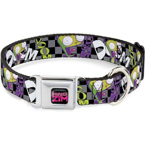 Nickelodeon Pet Collar, Dog Collar Metal Seatbelt Buckle, Invader Zim Gir Doom Pose Checker Black Gray, 9.5 to 13 Inches 1.0 Inch Wide