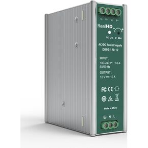 Real HD Industrial DIN Rail Power Supply AC to DC, 12V 10A 120 Watts Single Output, Size 1.7 x 4.8 x 5.1inch