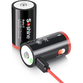 Soshine Rechargeable C Batteries with USB-C Charging Cable, 1.5v Lithium LR14 C Size Battery 5000mWh for Flashlight 2 Pack