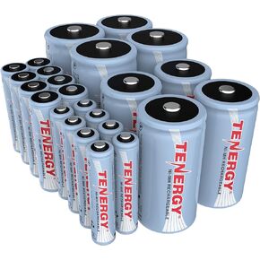 Tenergy High Drain AA AAA C and D Battery, 1.2V Rechargeable NiMH Batteries Combo, 8-Pack 2500mAh AA Cells, 8-Pack 1000mAh AAA Cells, 4-Pack 5000mAh C Cells and 4-Pack 10000mAh D Cell Batteries