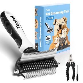 2 in 1 Deshedding Tool for Dogs, Double Sided Dematting Comb with Nail Clipper, Extra Wide Undercoat Rake for Tangled Hair Cat (Large)