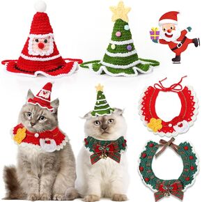 Geyoga 4 Pcs Pet Christmas Costume Suit Cat Dog Bandana Collar Christmas Tree Hat Handmade Knitted Adjustable Christmas Costume Accessories for Winter Holiday Puppy Kitten Pet Clothes(Cute Design)