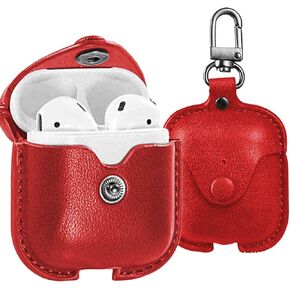 AirPods Case Cover, Leather Slim Fit Protective Soft Cover for Apple AirPods 1 & 2 Charging Case with Keychain (Red)
