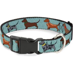 Buckle-Down Dachshund 4-Dogs/Paws Aquas Plastic Clip Collar, 1" Wide-Fits 11-17" Neck-Medium